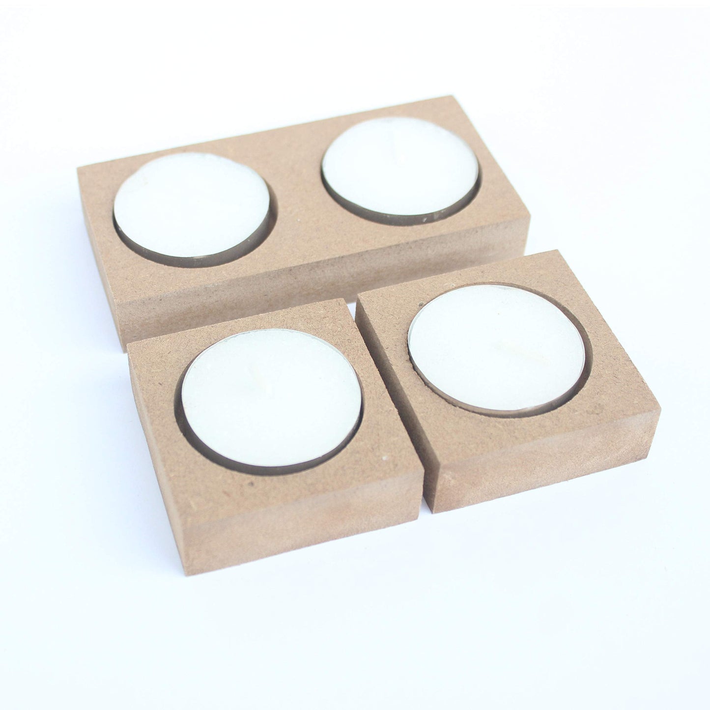 IVEI Wooden MDF DIY Tea Light Candle Holder with Candles - Set of 3(1 Double & 2 Single) - Plain MDF Wooden Candle Holders Blank for Painting Wood Sheet Craft, Decoupage, Resin Art Work & Decoration