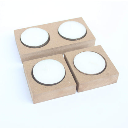 IVEI Wooden MDF DIY Tea Light Candle Holder with Candles - Set of 3(1 Double & 2 Single) - Plain MDF Wooden Candle Holders Blank for Painting Wood Sheet Craft, Decoupage, Resin Art Work & Decoration