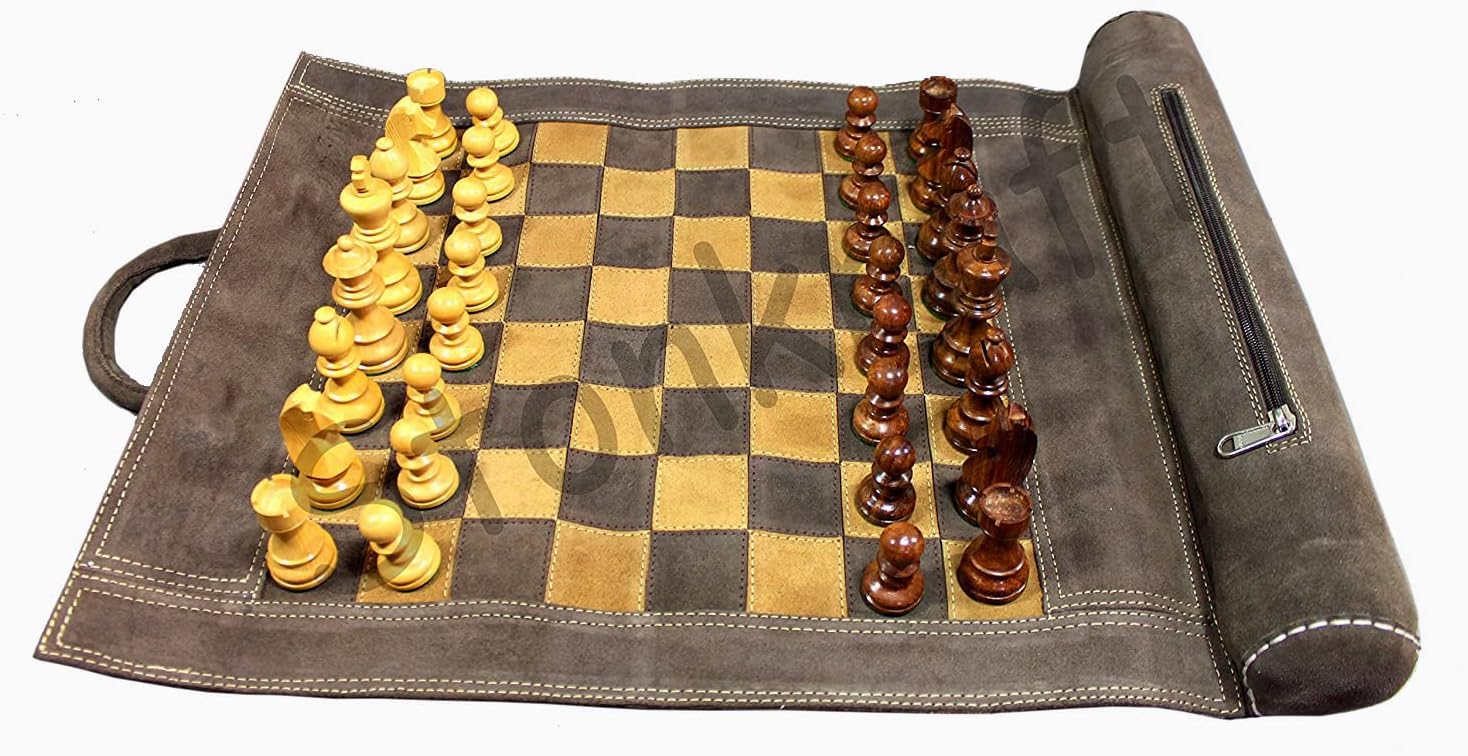 StonKraft - 19" x 15" (Chess Board Size 12" x 12") Roll-Up Leather Chess Set with Wooden Chess Pieces | Comes with Innovative Carry Pouch