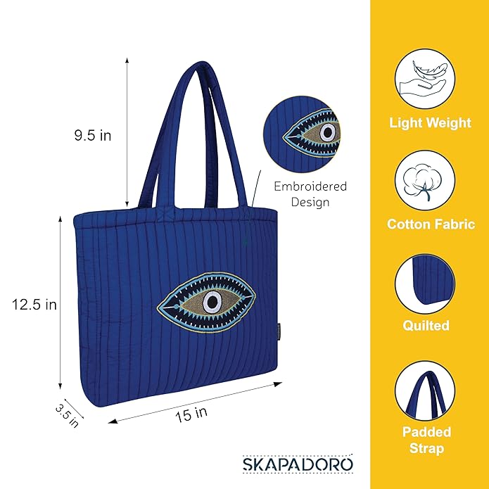 SKAPADORO Quilted Cotton Tote Bag with Zip, Inner Zipper Pocket, Multipurpose Embroidered Hand Bag for Women/Girls For Shopping Travel College Gym Work, Everyday Shoulder Bag - Evil Eye; Floral