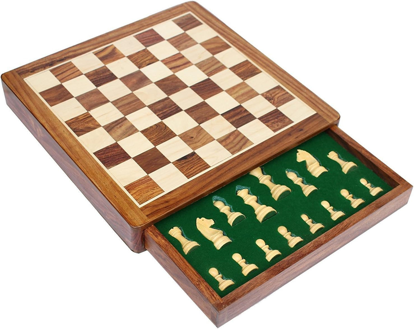 Wooden Chess Board Game Set with Magnetic Pieces (12" x 12" Non-Folding with Drawer)