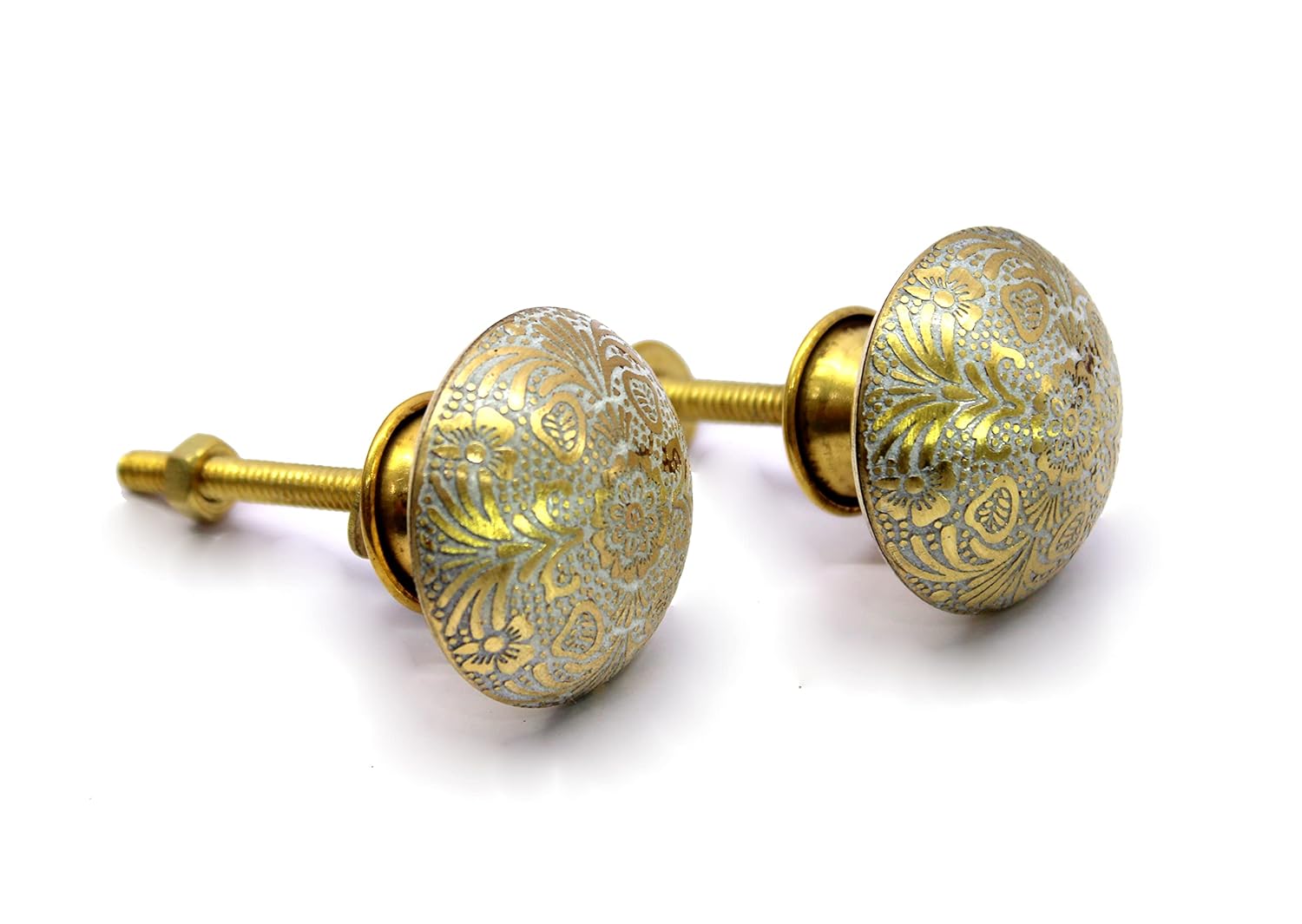 ESPLANADE Brass Engraved Door Knobs Cupboard Pulls Knobs Drawer Handles Almirah Hooks - Set of 2 - White-Golden Flower Design