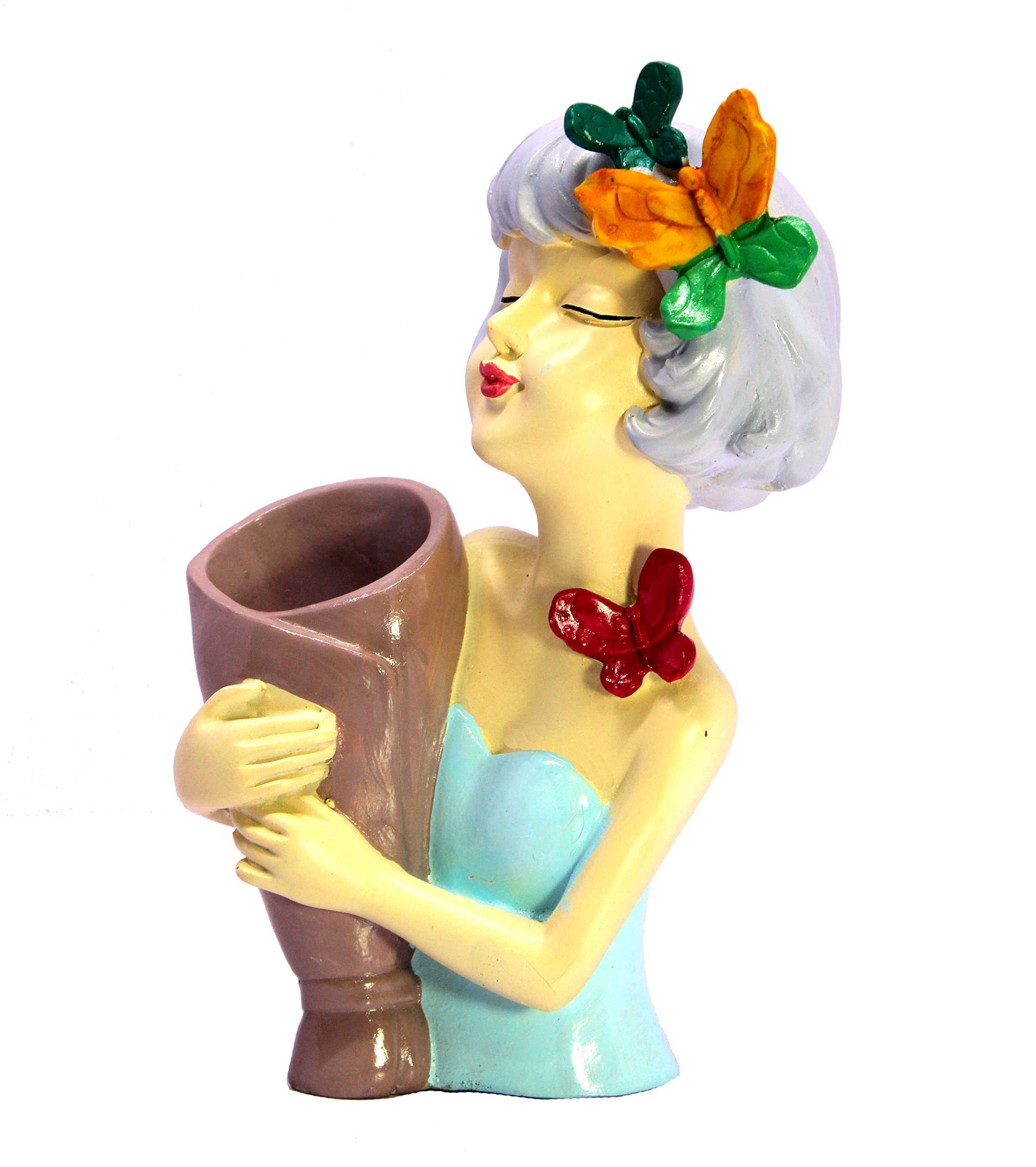 eSplanade Resin Lady Girl with Flower Vase Pot Showpiece Statue Sculpture Figurine - Multicolor - 9" Inches