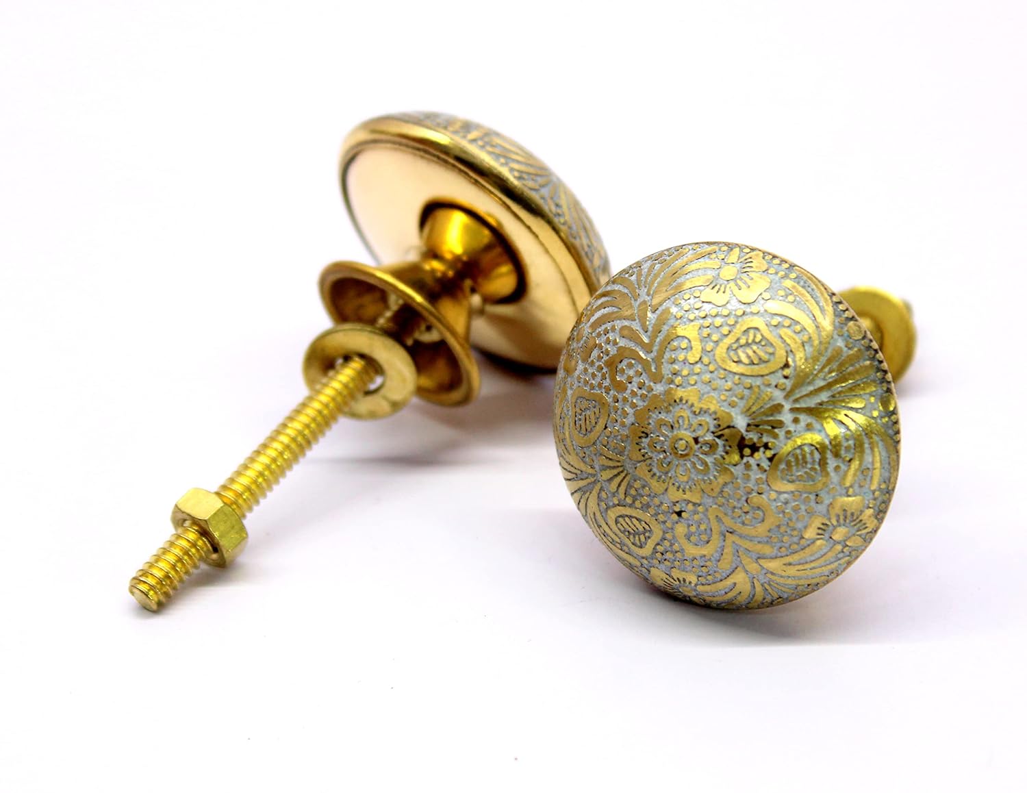 ESPLANADE Brass Engraved Door Knobs Cupboard Pulls Knobs Drawer Handles Almirah Hooks - Set of 2 - White-Golden Flower Design