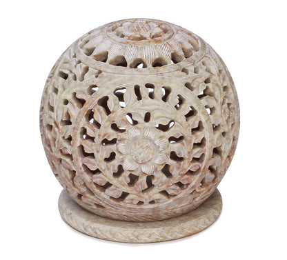 Esplanade Unique Hand Carved Tealight Holder Sphere Shaped Soapstone with Intricate Tendril Openwork Floral Decorative Lantern