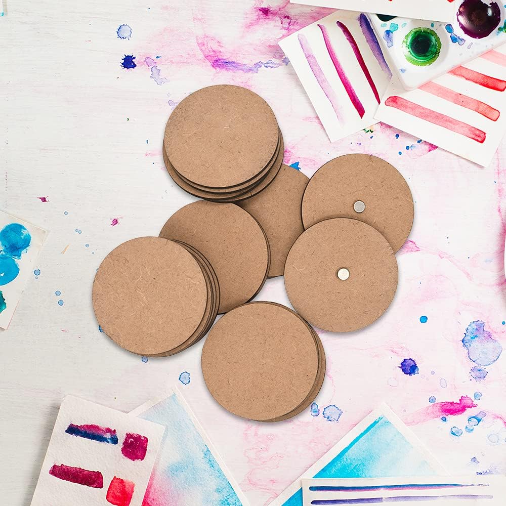 IVEI DIY MDF Wood Sheet Round Craft Magnet - Plain MDF Fridge Magnet Blanks Cutouts - Set of 20 with 3mm - 2in Diameter for Painting Wooden Sheet Craft, Decoupage, Resin Art Work & Decoration
