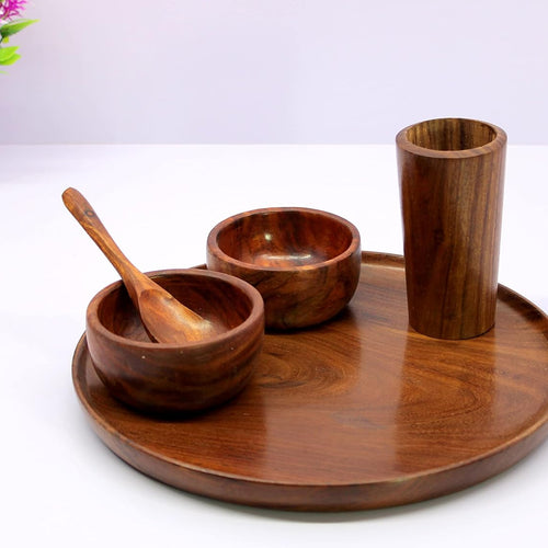 KLEO Wooden Dinner Set Decorative Plates Dinner Thali Set - Plate Glass 2 Bowls and Spoon - Wood - 12