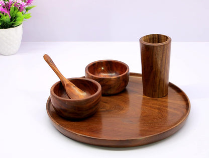 KLEO Wooden Dinner Set Decorative Plates Dinner Thali Set - Plate Glass 2 Bowls and Spoon - Wood - 12" inch Dia. - Brown