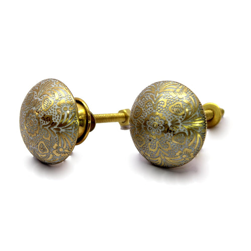 ESPLANADE Brass Engraved Door Knobs Cupboard Pulls Knobs Drawer Handles Almirah Hooks - Set of 2 - White-Golden Flower Design