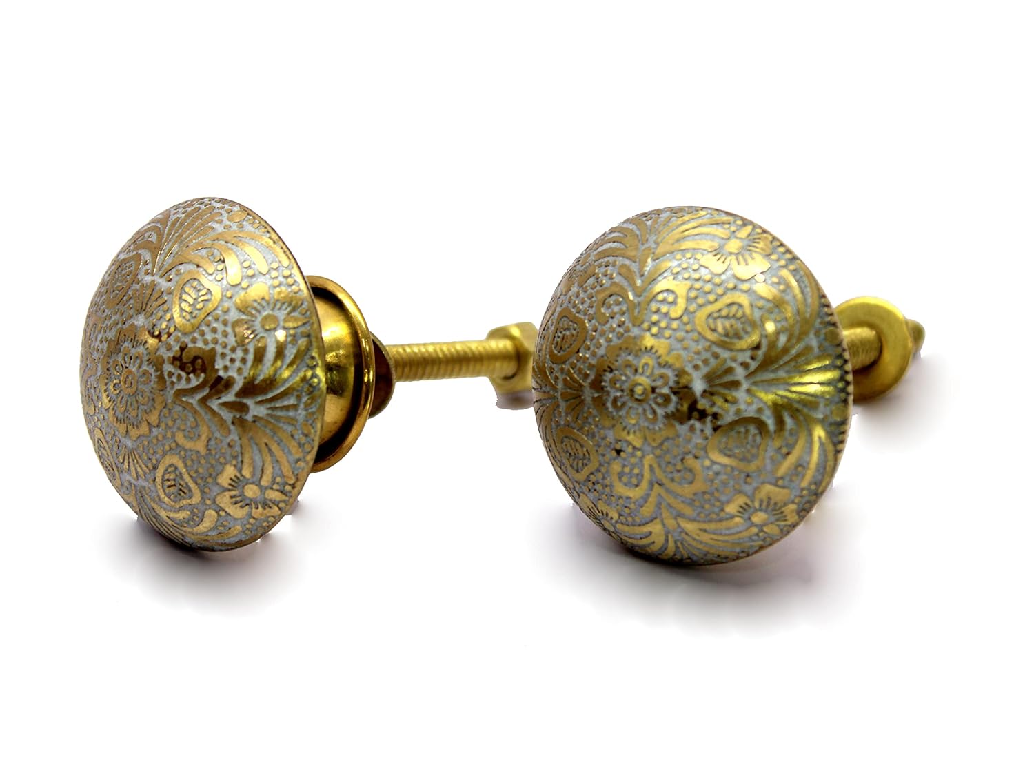 ESPLANADE Brass Engraved Door Knobs Cupboard Pulls Knobs Drawer Handles Almirah Hooks - Set of 2 - White-Golden Flower Design