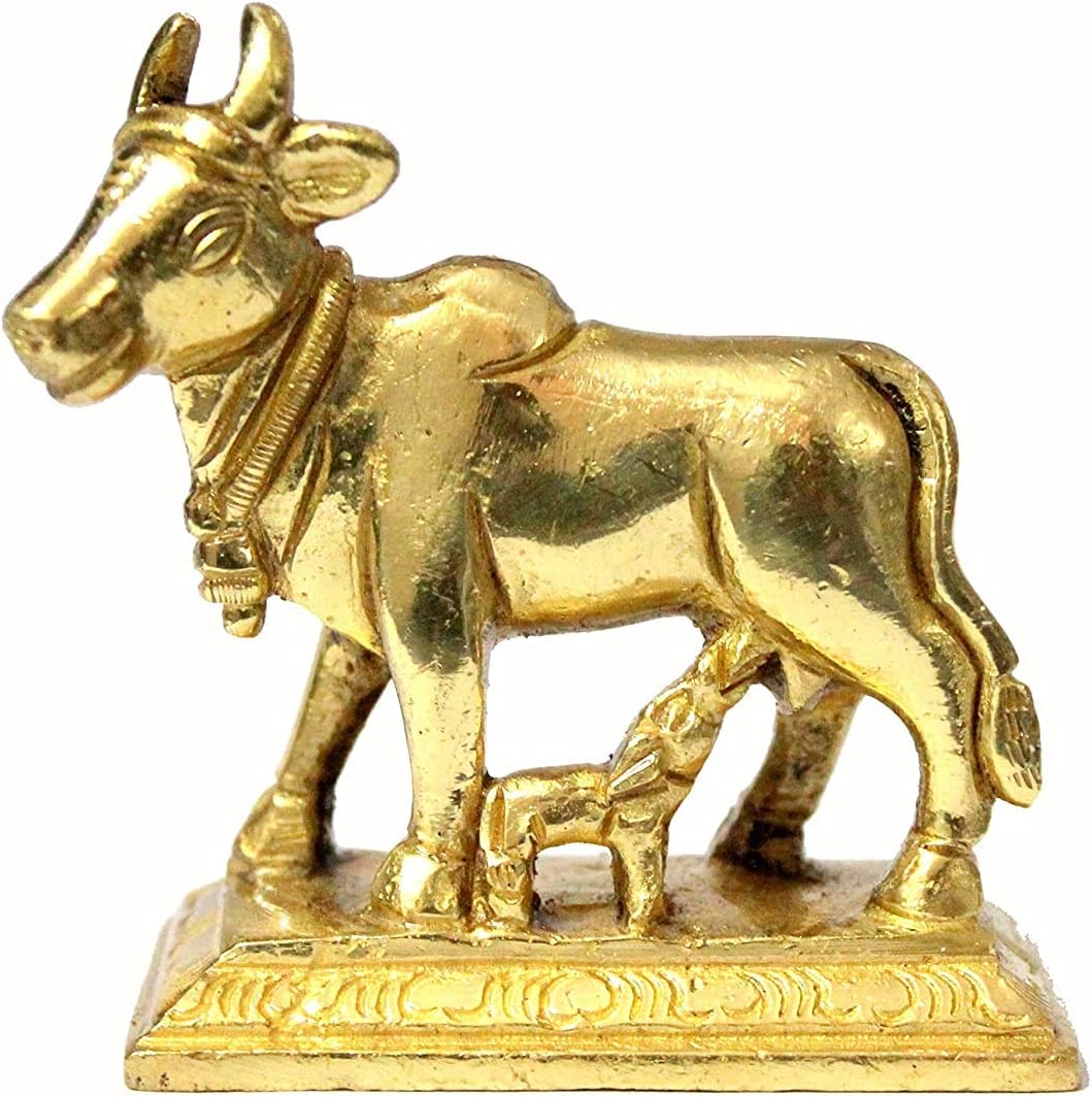 eSplanade Brass Kamdhenu Cow and Calf Sculpture - 6.5 cms | Kamadhenu Auspicious Idol | Good Fortune Statue