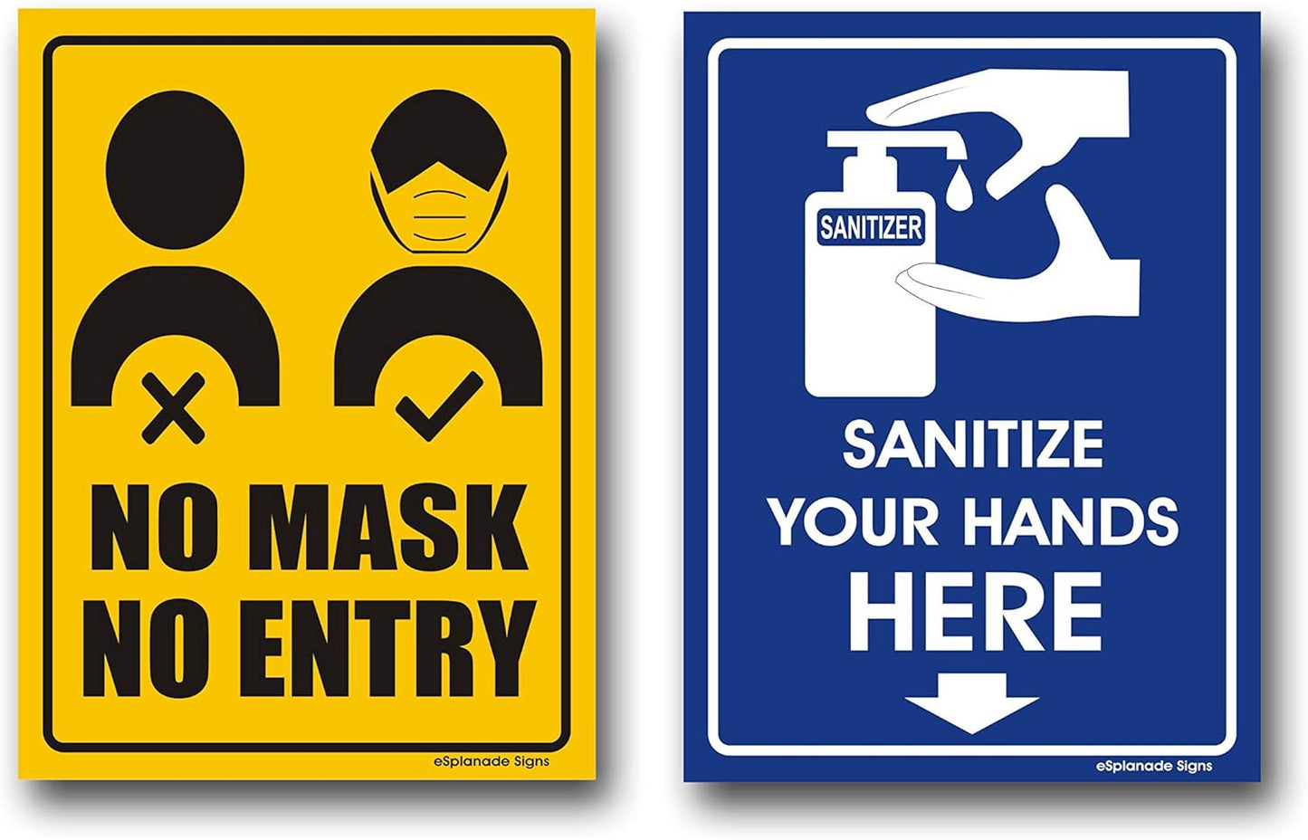 eSplanade 1 pc No Mask No Entry and 1 pc Sanitize Sign Sticker Decal - Easy to Mount Weather Resistant Long Lasting Ink Size (8" x 6")