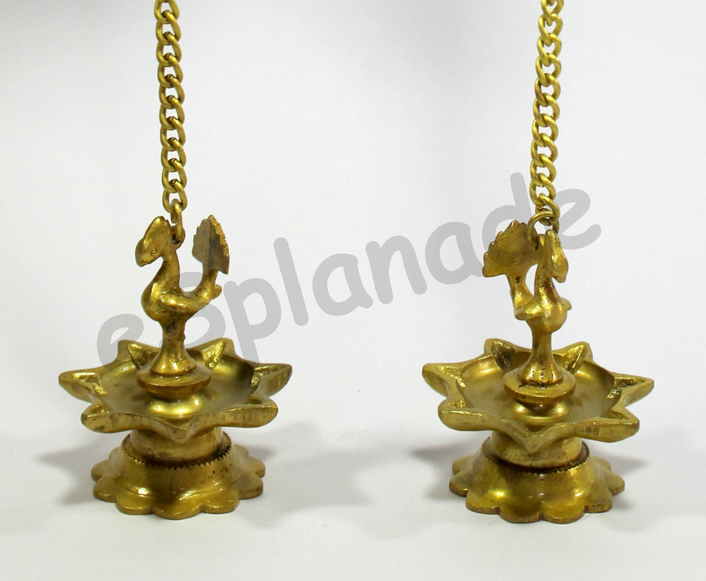 Esplanade Brass Peacock Wall Hanging Diya Oil Lamp with Chain - Set of 2 - 3.5" Inches (H) Small - Golden