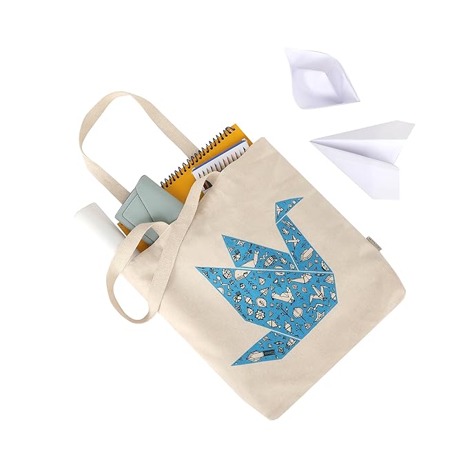 SKAPADORO Tote Bag 100% Cotton, Natural Ecofriendly Basic Canvas Bag for Travel, College, Beach, Shopping, Grocery, Vegetable Bag - Sun/Beach; Judging Plastic Bag & Origami Design