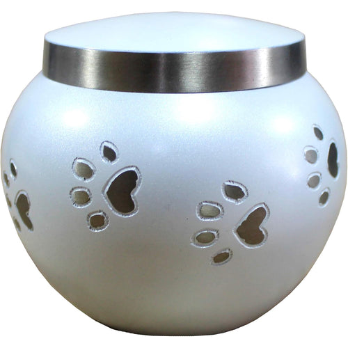 eSplanade Metal Cremation Urn Memorial Jar Pot Container |Standard Size Urn for Funeral Ashes Burial | Round Shape Paws Engraved Metal Urn | White - 4.5