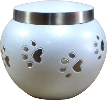 eSplanade Metal Cremation Urn Memorial Jar Pot Container |Standard Size Urn for Funeral Ashes Burial | Round Shape Paws Engraved Metal Urn | White - 4.5" Inches