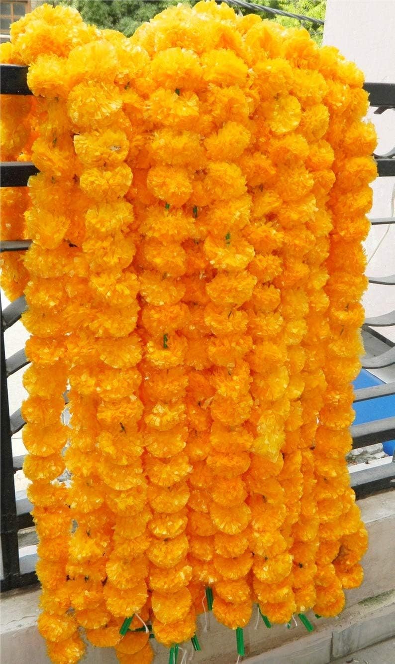 eSplanade Artificial Marigold Flower Garlands for Home Decor - Pack of 5 Strings - Saffron colour - 4 to 4.5 Feet Length