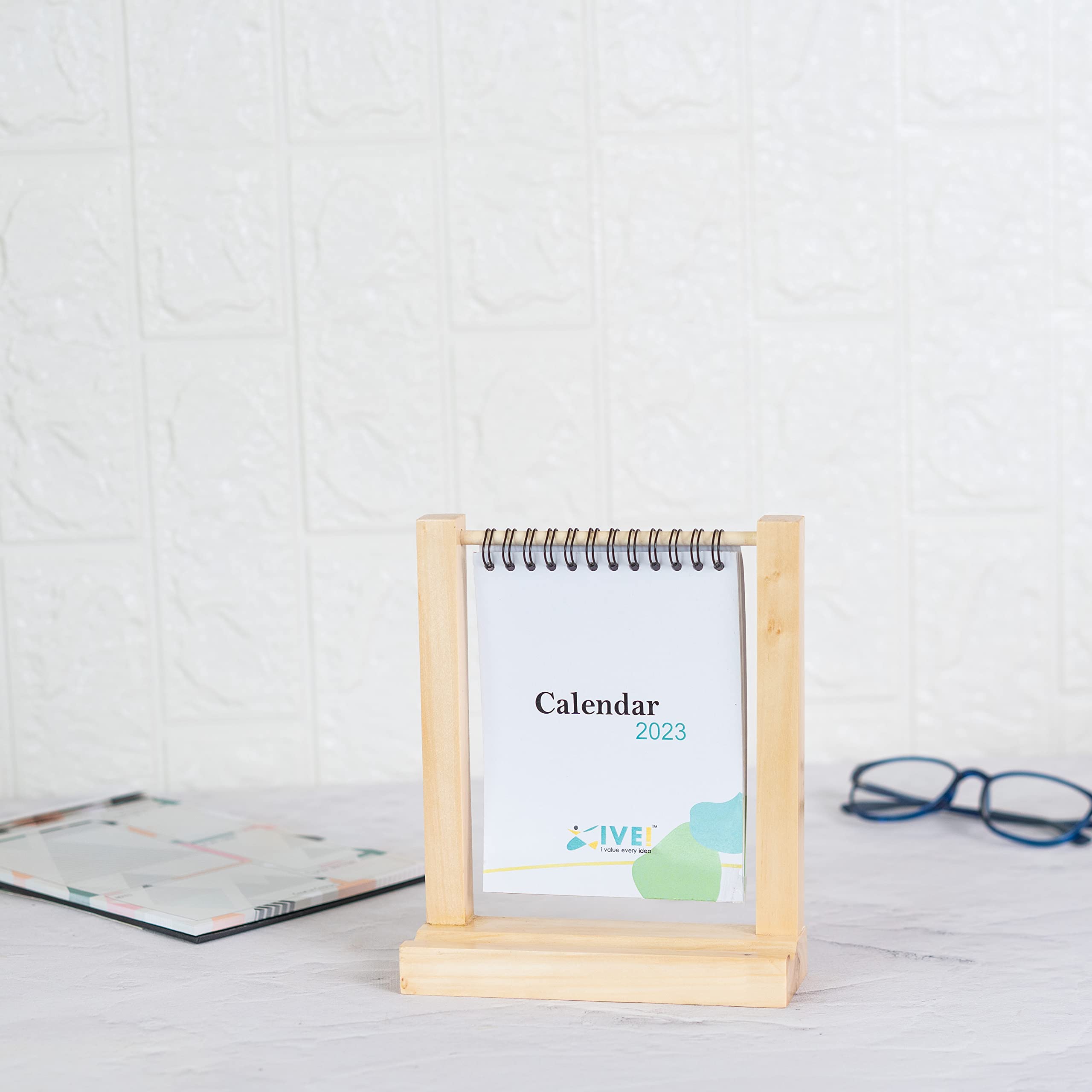 IVEI Standing Paper Calendar bound in a Wooden Frame | Vertical Flip Calendar for Desk Decoration | Small Greenery Desktop Calendar for Easy and Effective Organizing | Portable Monthly Calendar