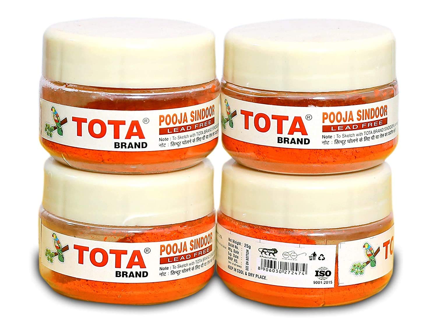 Tota Sindoor for Pooja, Tilak, Hanumanji and Ganesh ji Puja | 100% Lead Free | Pack of 4 (20gm x 4) | Colour - Orange