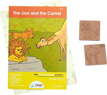 IVEI Panchatantra Kids Learning Book-Workbook and 2 DIY Magnets of Panchatantra Story-Colouring Activity Worksheets-Creative Activity and Education for Kids-The Lion and The Camel(Age 4 to 7 Years)