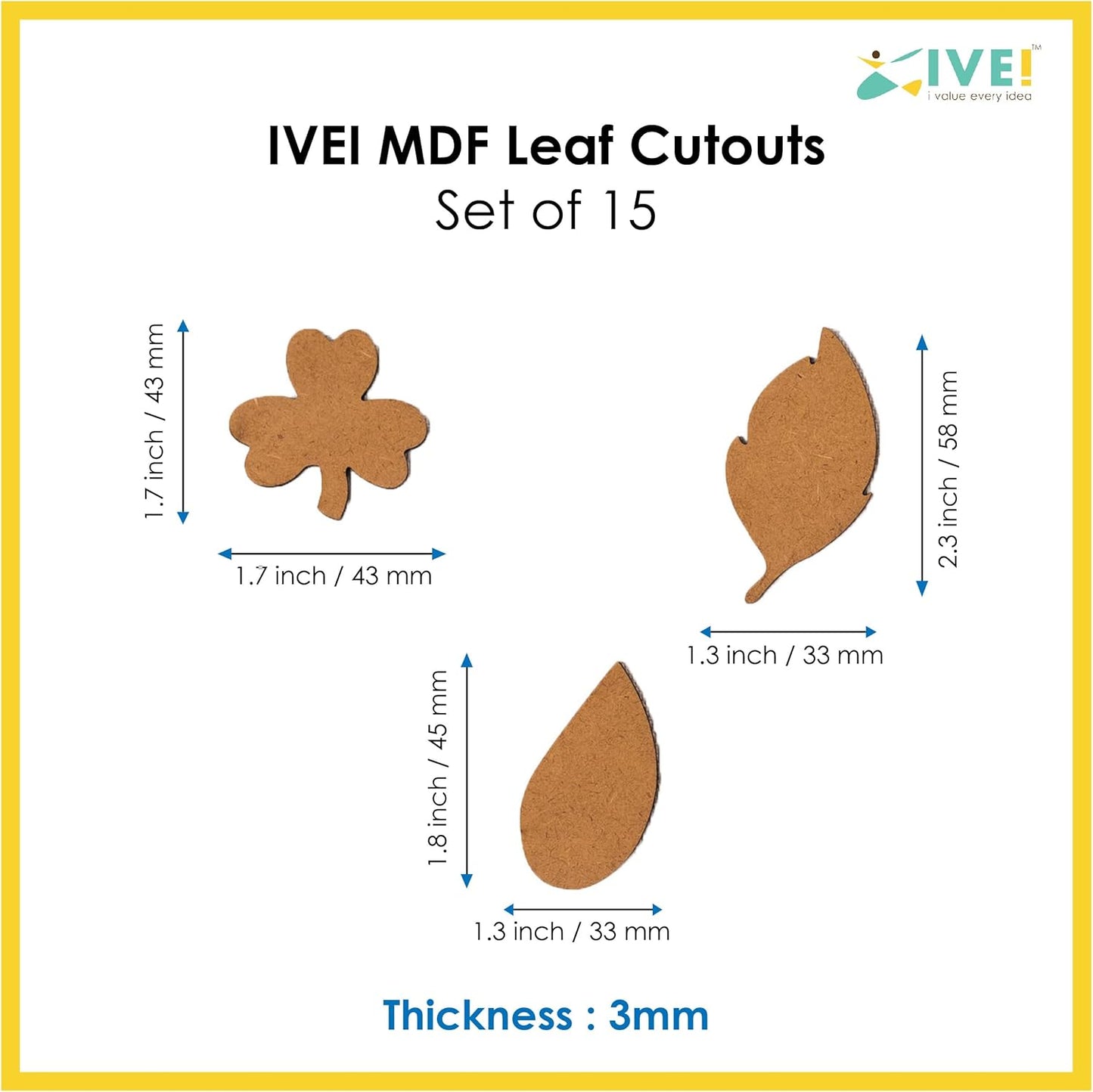 IVEI MDF Leaves Cutouts/Embellishment - DIY Craft Materials - Leaves-Shaped MDF Blank Cutouts for Painting, Wooden Sheet Craft Board for Resin Art & Fluid Art, Mandala Art, Pyrography - Set of 15