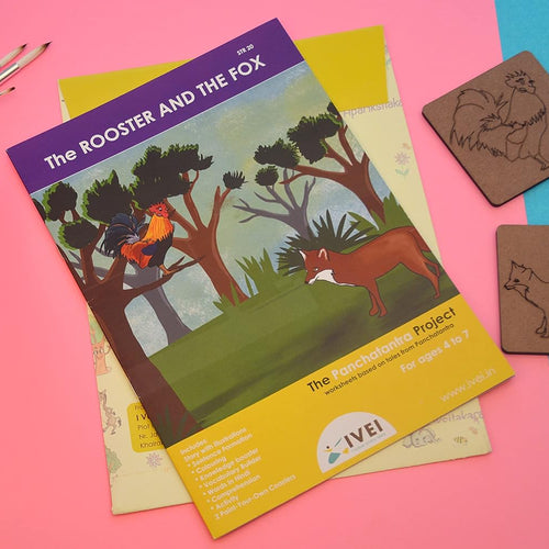 IVEI Panchatantra Kids Learning Book - Workbook and 2 DIY coasters of Panchatantra Story - Colouring Activity Worksheets - Creative Fun Activity and Education For Kids - The Rooster and the Fox