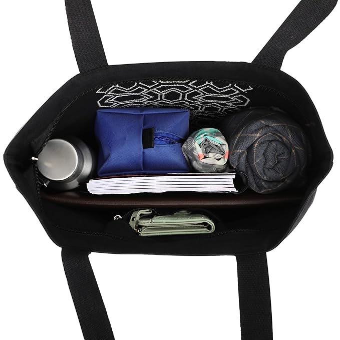 SKAPADORO Canvas Big Zip Handbag Tote,100% Cotton, Inner pocket, Unisex Embroidered Comfortable Bag for Travel Office Beach Shopping, Easy to Wash Trendy Everyday Shoulder Bag