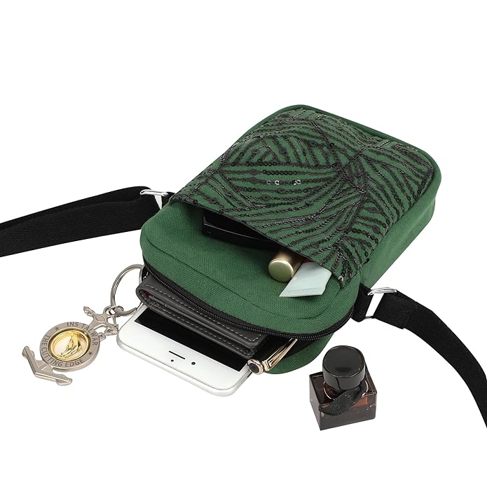 SKAPADORO Canvas Mobile Cross Body Sling Bag for Girls Women,100% Cotton, Sequence Embroidery, Zip Closure, Pocket, Adjustable Strap, Compact Everyday Bag - Bling it on (Green)