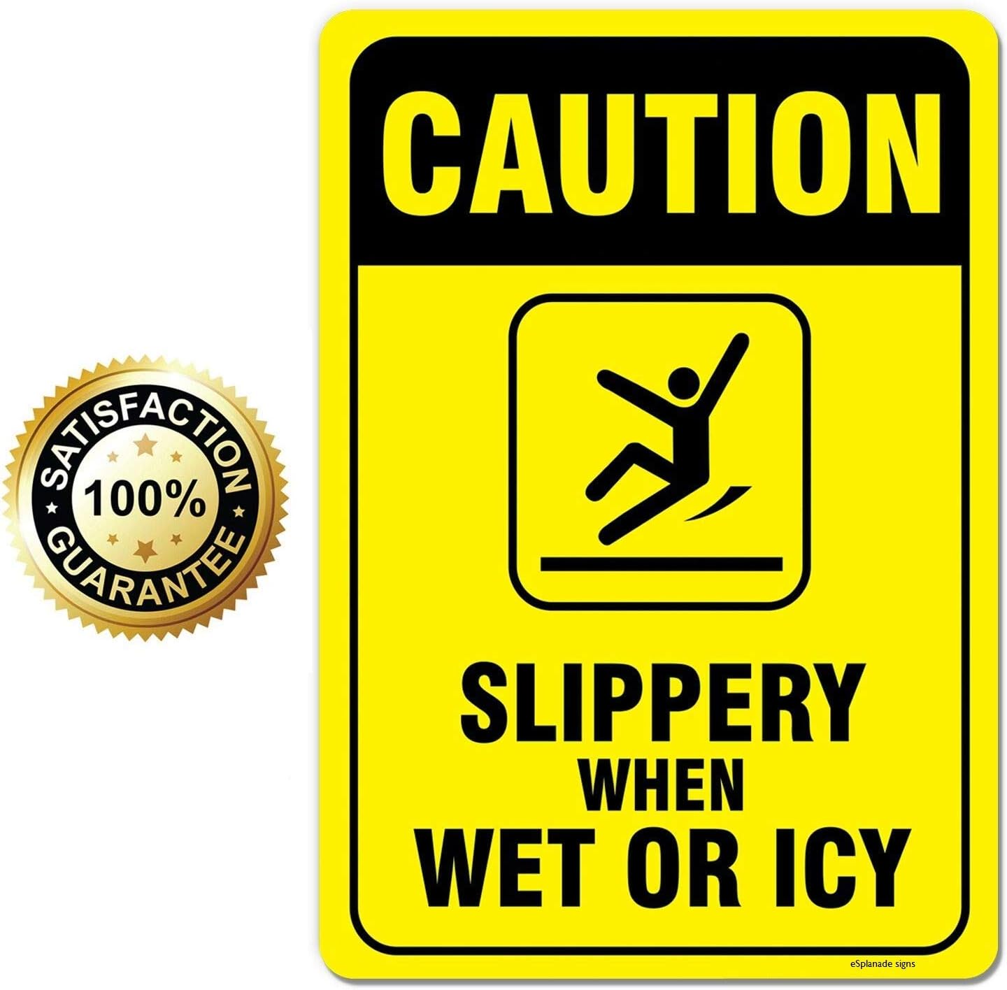 Esplanade Caution - Slippery When Wet Or ICY Sign Sticker Decal - Easy to Mount Weather Resistant Long Lasting Ink (Size 10"x7")