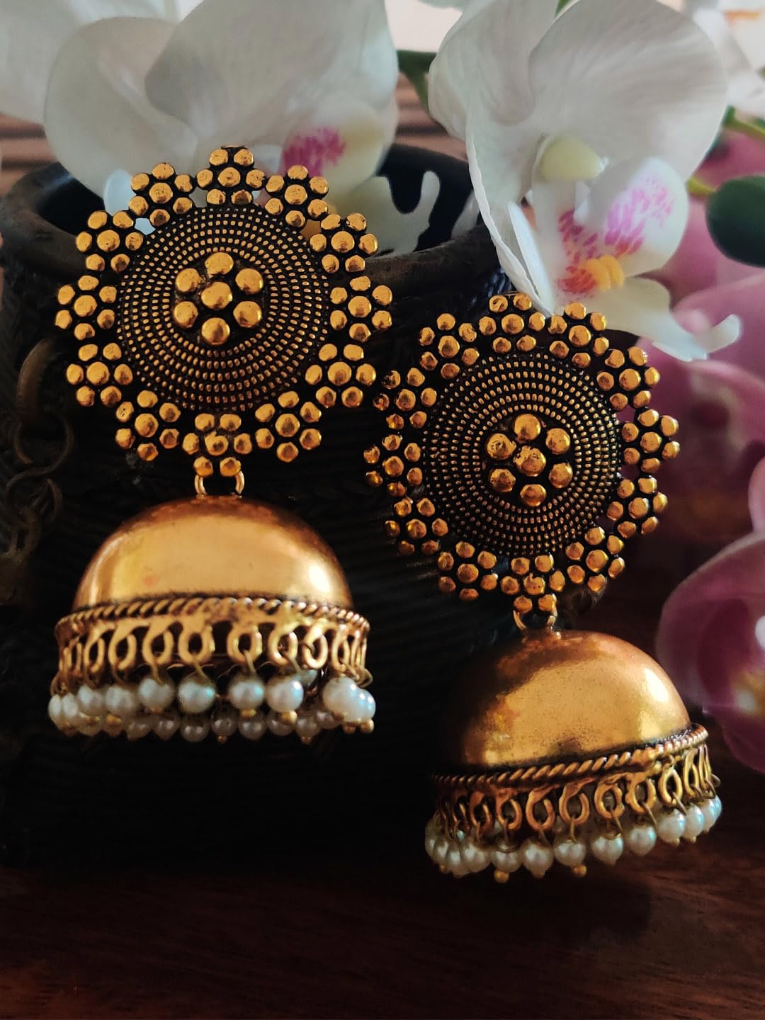 Binnis wardrobe Dual-Toned textured long Jhumka with hanging pearl handcrafted earrings