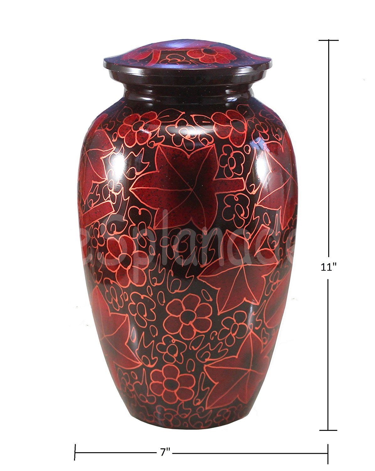 eSplanade Metal Cremation Urn Memorial Jar Pot Container | Full Size Round Shape Urn for Funeral Ashes Burial | Maple Leaves and Flowers Print | Brown - 8" Inches