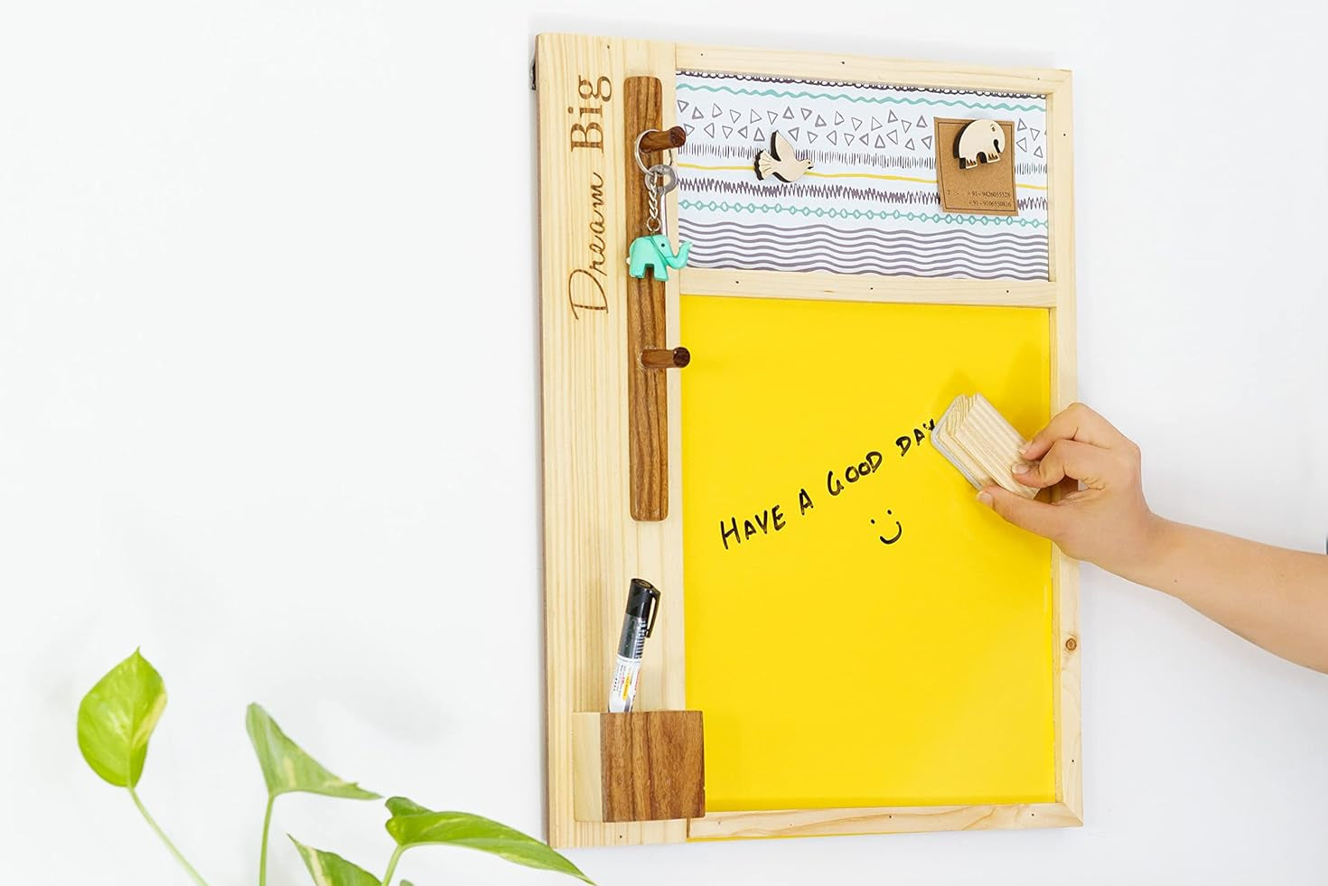 IVEI Dry Erase Yellow Board with Magnetic Board, Pen stand and Key Hooks| Mutli Utility Combination Board for Home, Office| Utility Wall Decor | Engraved Motivational Mood Board | Hobby Board