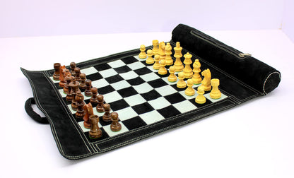 Stonkraft - 19" x 15" - Genuine Roll-Up Leather Chess Set - with Wooden Chess Pieces with Innovative Carry Pouch