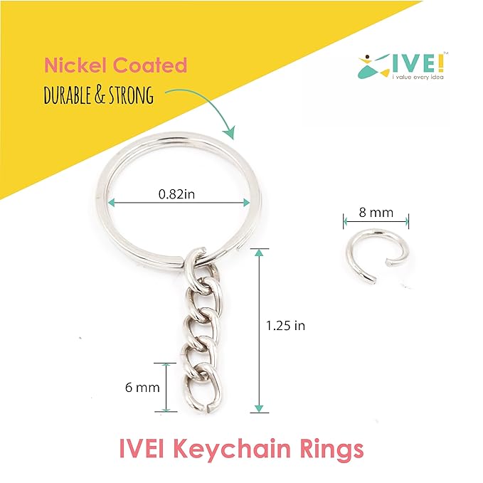 IVEI DIY Keychain Rings with Open Jump Rings for Craft | Metal Split Keyring of 25mm | Set of 50 for Jewlery, Charms and Purse Making | Craft Essentials for Small Businesses (Keychain Rings Set 50)