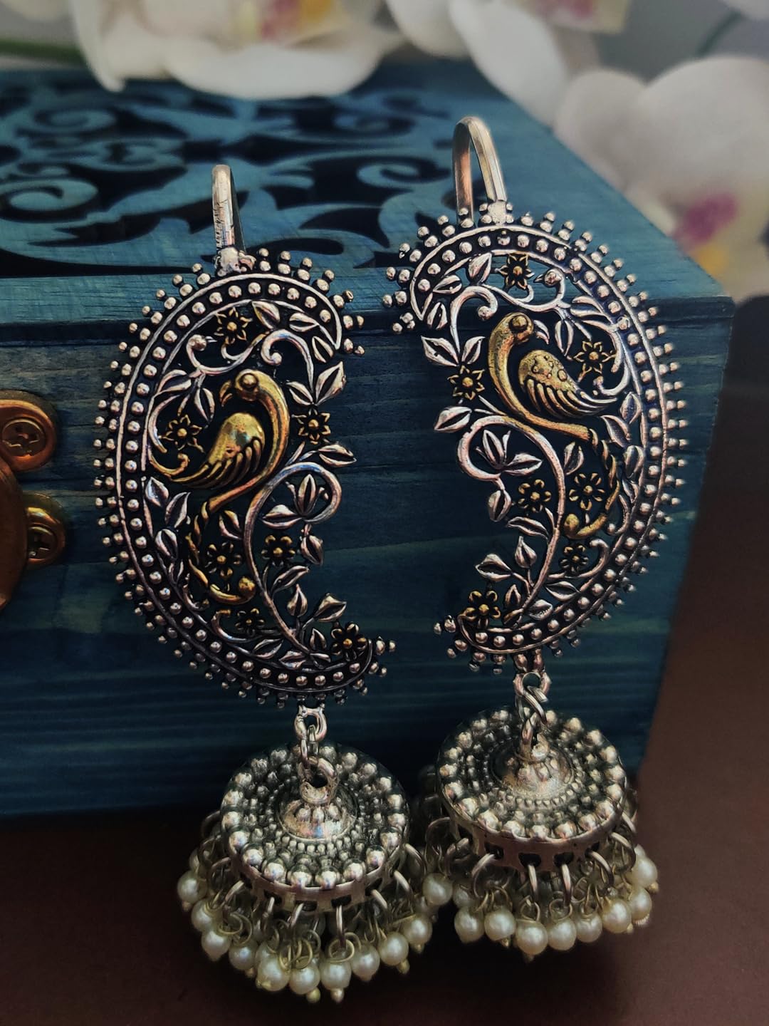 Binnis wardrobe Dual-Toned textured long Jhumka with hanging pearl handcrafted earrings