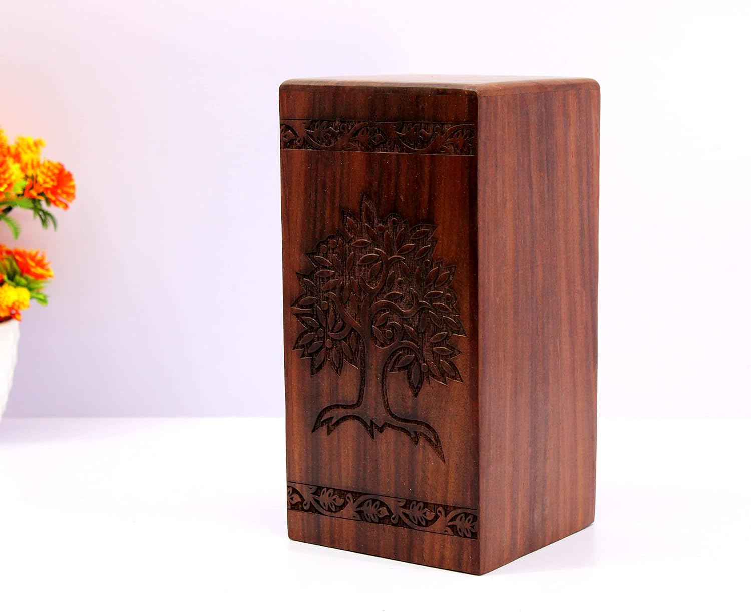 eSplanade Wooden Cremation Urn Memorial Jar Pot Container | Full Size Urn for Funeral Ashes Burial | Tree of Life Engraved Wooden Urn | Beige & Brown- 10" Inches