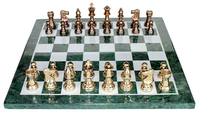 StonKraft Collectible Green Marble Chess Board Set + Brass Crafted Pieces Pawns - Decorative Stone Chess - Home DŽcor - 15" Inches