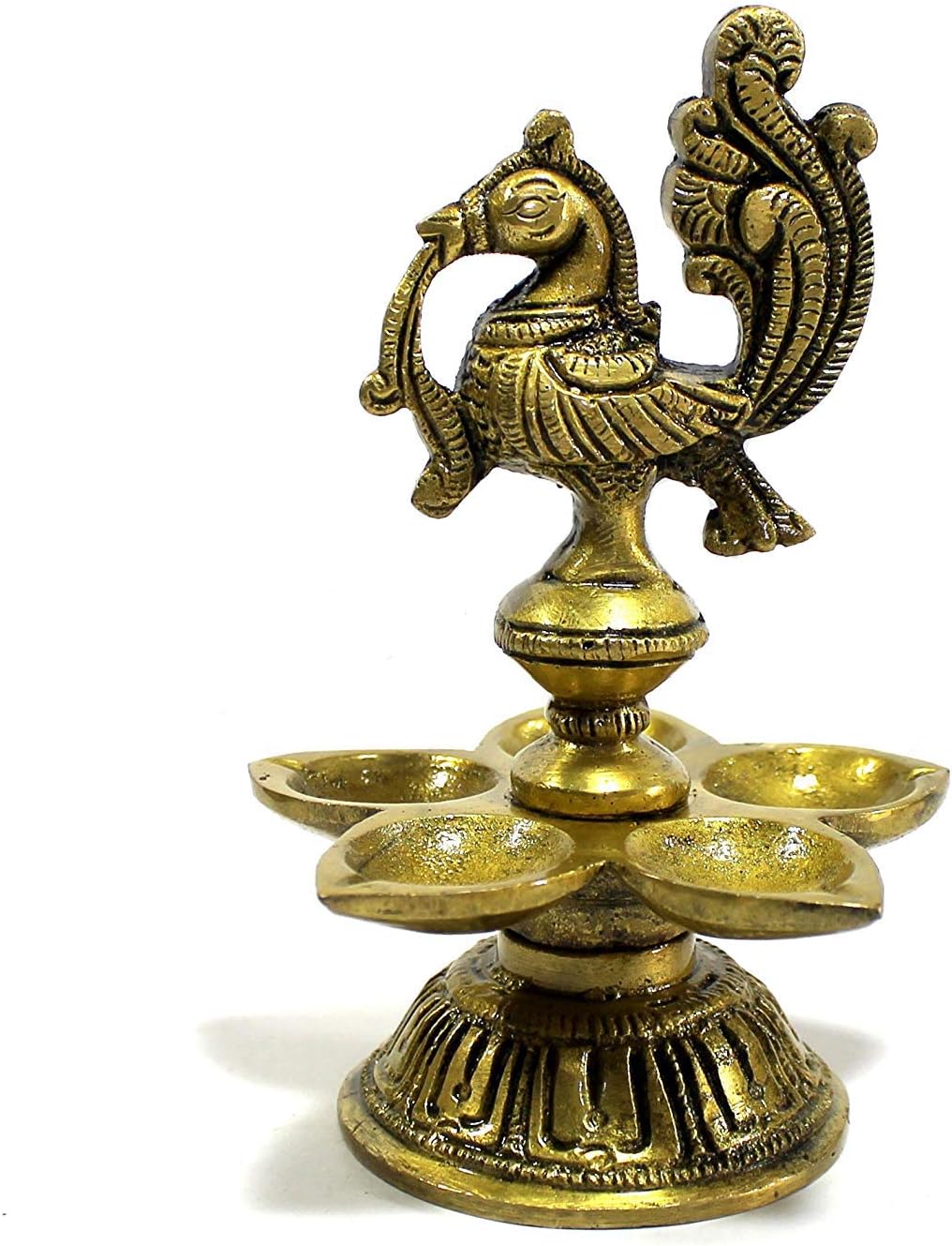 eSplanade - 5" Peacock Lotus Shaped Round Brass Diya | Oil Lamp | Home Decor | Brass Diya | Brass Deepam | Brass Lamps | Kuthu Vilakku | Oil Lamps for Home and Office