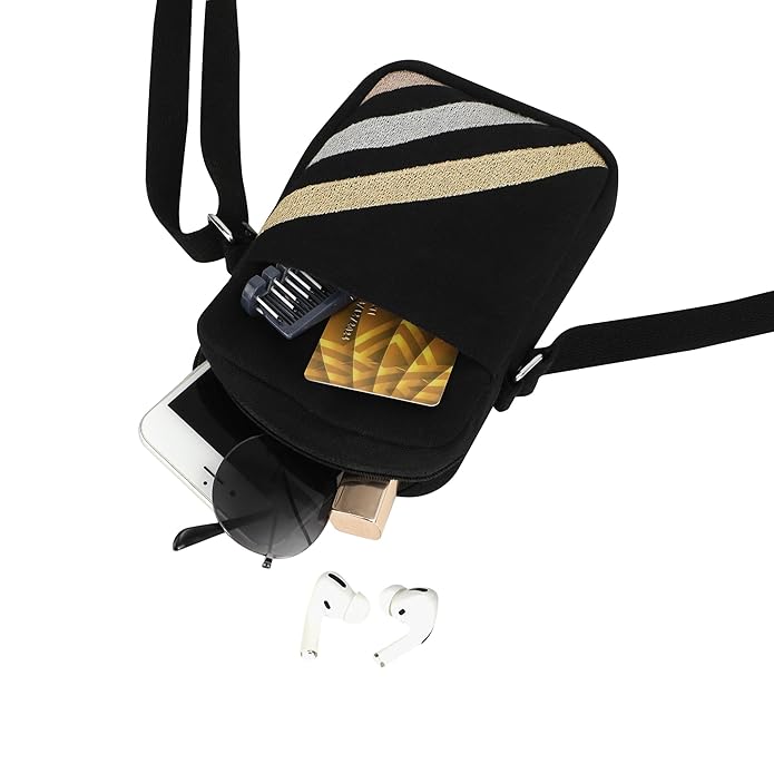 SKAPADORO Canvas Mobile Cross Body Black Sling Bag for Women Girls,100% Cotton, Embroidery, Zip Closure, Pocket, Adjustable Strap, Compact Everyday Bag - Day to Night (Black)