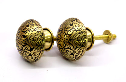 eSplanade Brass Engraved Door Knobs Cupboard Pulls Knobs Drawer Handles Almirah Hooks - Set of 2 - Black-Golden Leaf Design (‚ÄéBlack-Golden Leaf)