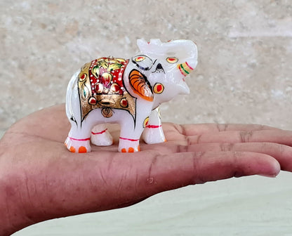 eSplanade Marble Elephant Family - Set of 2 - Sculpture Showpiece Figurines - Home Decor - White Multi - 5" Inches