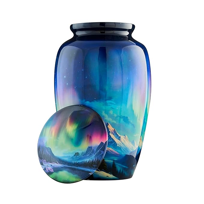 Esplanade Metal Urn for Ashes Adult Male Female – 10" Cremation Urn for Human Ashes, Full Size Large Urn, Aurora Northern Lights Forest Blue Colour, Funeral Vase with Velvet Bag - for 80kg Adult