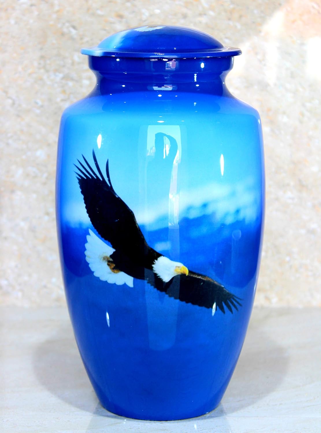 eSplanade Metal Cremation Urn Memorial Jar Pot Container | Full Size Urn for Funeral Ashes Burial | Falcon Printed Urn , Seagull Printed Urn ,White Pigeon Print   | Blue - 10" Inches