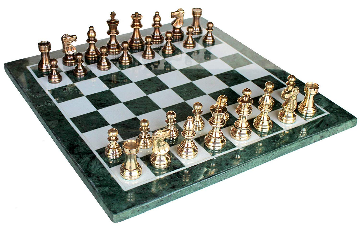 StonKraft Collectible Green Marble Chess Board Set + Brass Crafted Pieces Pawns - Decorative Stone Chess - Home DŽcor - 15" Inches