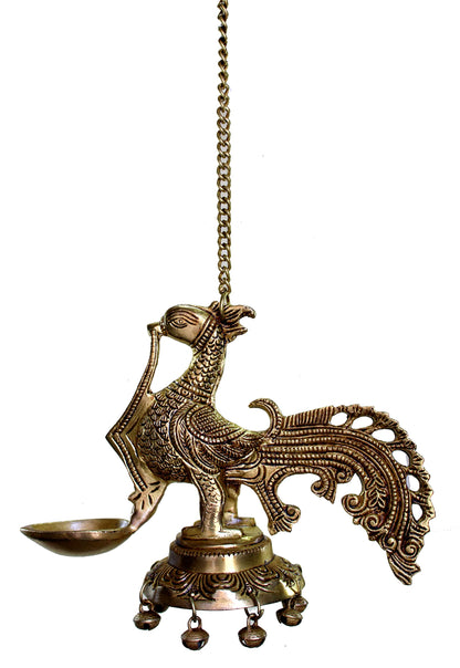 Esplanade Brass Peacock Wall Hanging Diya Oil Lamp with Chain - Set of 2 - 3.5" Inches (H) Small - Golden