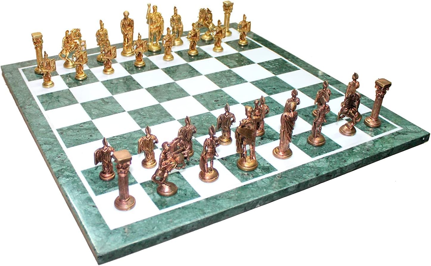 StonKraft Collectible Green Marble Chess Board Set + Brass Roman Chess Pieces Pawns - Decorative Stone Chess - Home Decor - 20" Inches