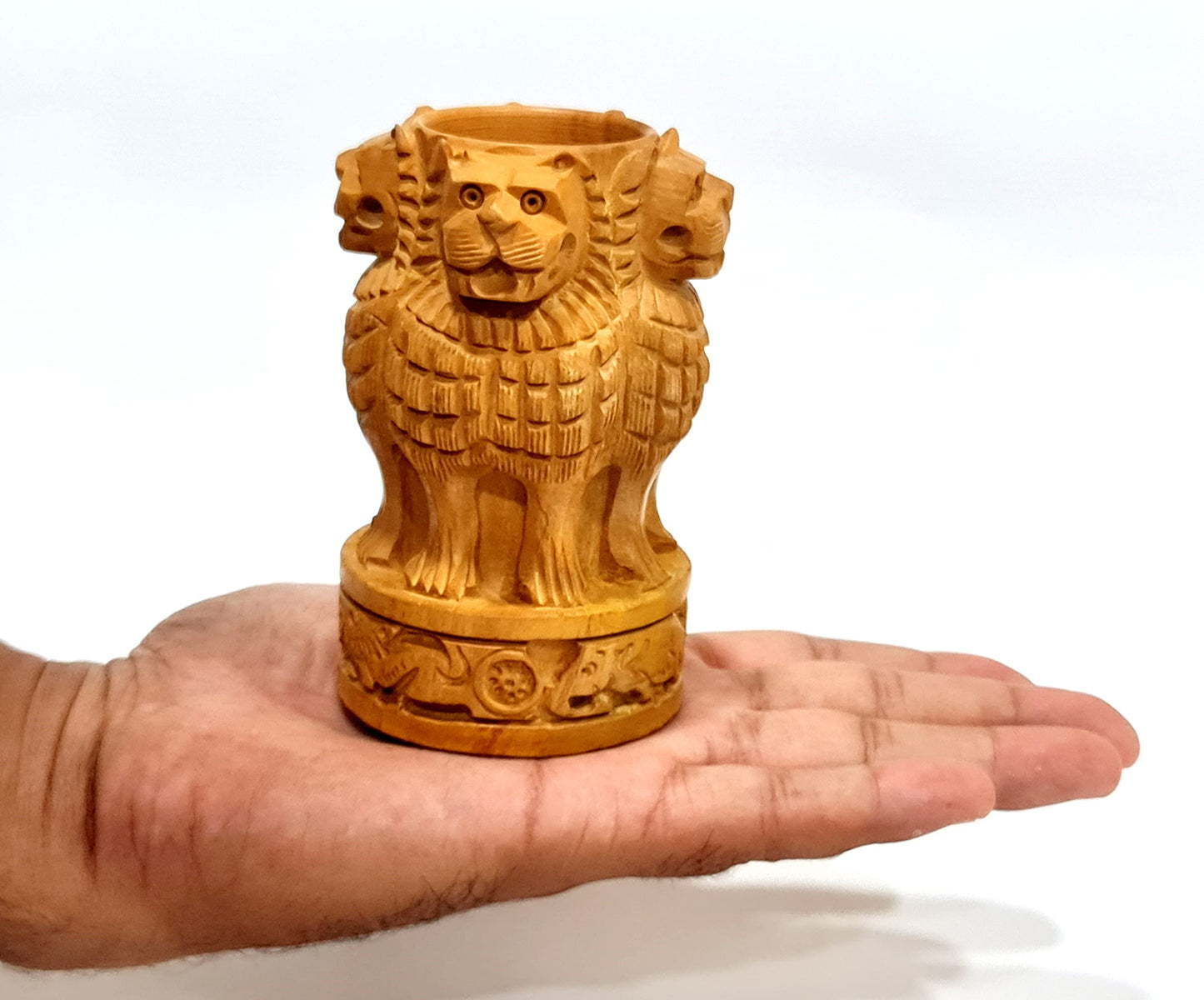 eSplanade Wooden Ashok Stambh/Ashoka Stambh (Stoop) Pillar - Pen Stand | National Emblem India Memento Statue Showpiece - Gift for Home Decorative, Office, Table Decoration (4 Inch Pen Stand)