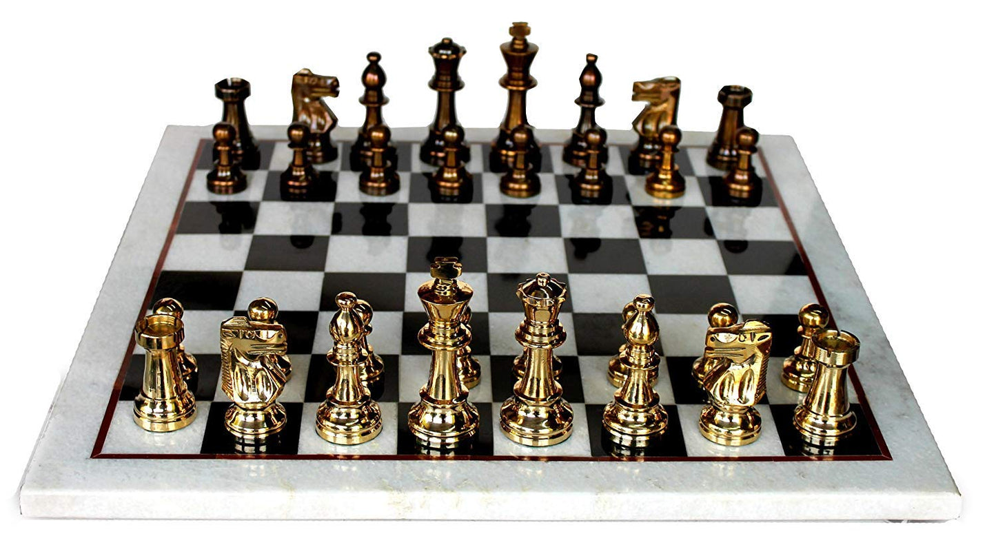 StonKraft Collectible White Natural Stone & Black Marble Chess Board + Brass Chess Pieces Pawns - Decorative Stone Chess - Home DŽcor - 15" Inches