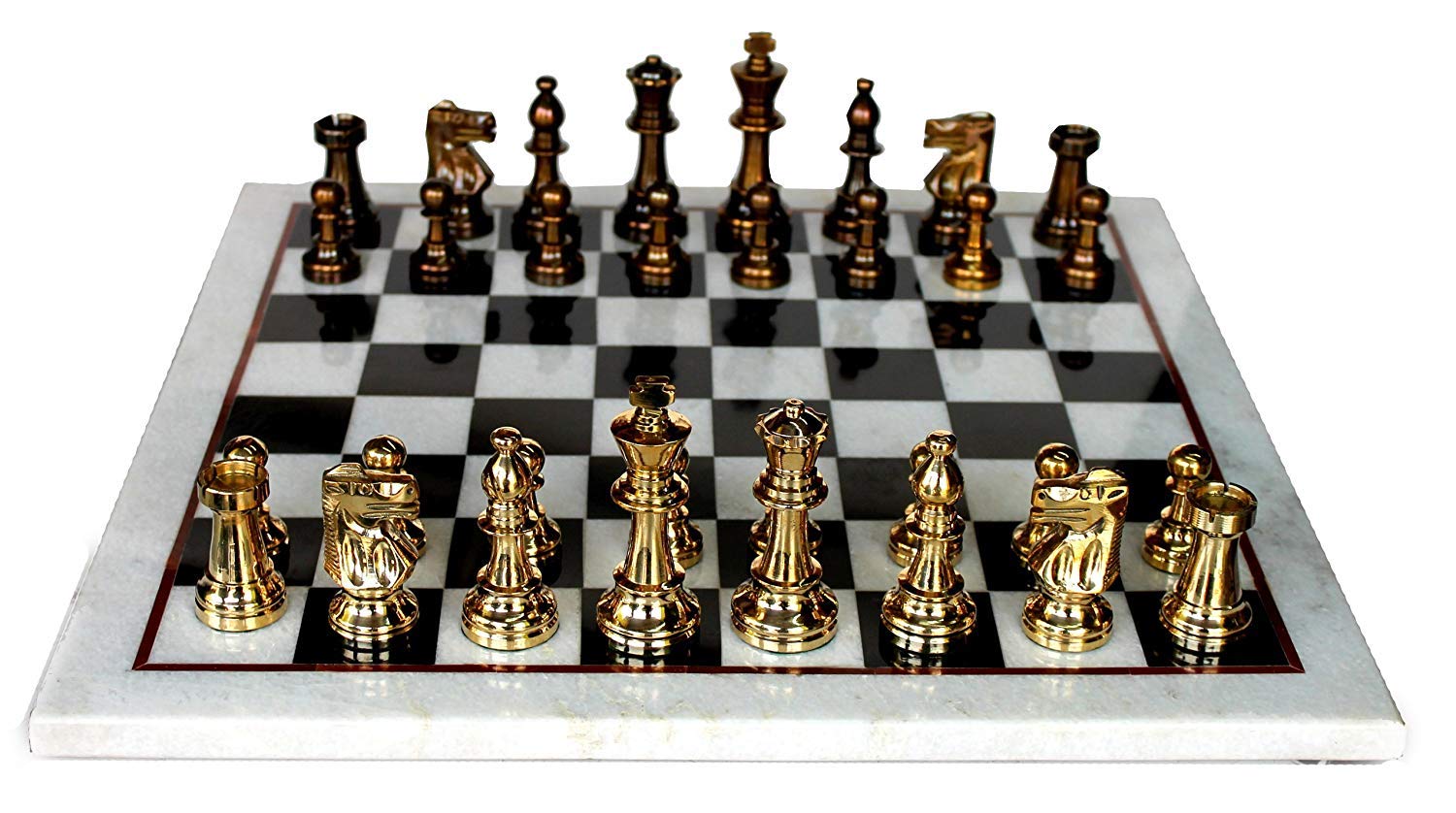 StonKraft Collectible White & Black Marble Chess Board Set + Brass Chess Pieces Pawns - Decorative Stone Chess - Home Decor - 15" Inches