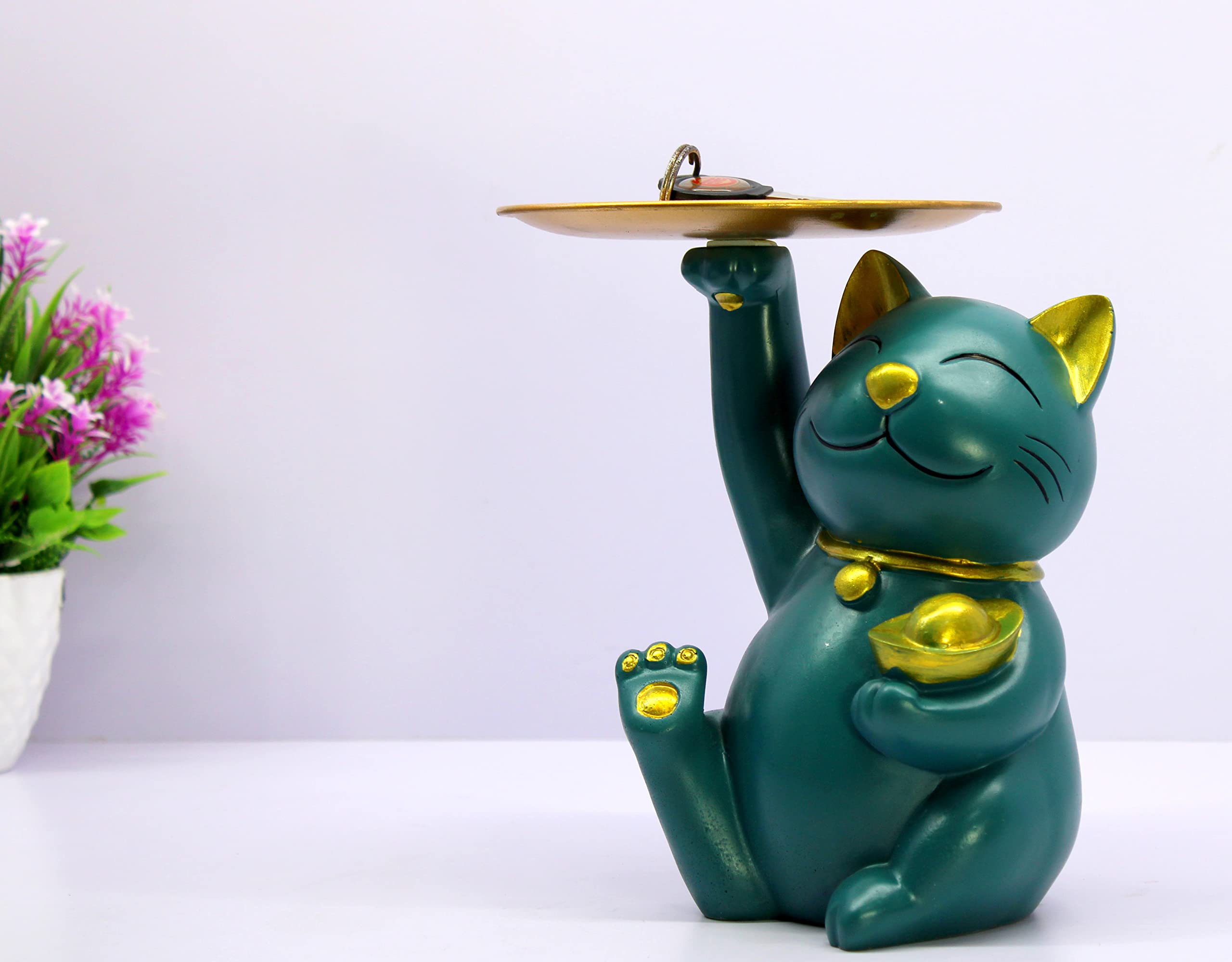 eSplanade Cat Holding Golden Plate Showpiece Statue Sculpture Figurine | Home Decor Resin - 8.5" Inches - Green-Golden